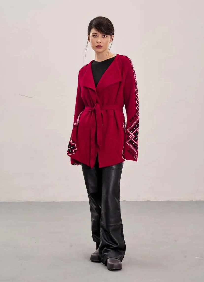Geometric Cozy Cardigan with Traditional Ukrainian Embroidery-Inspired Motifs