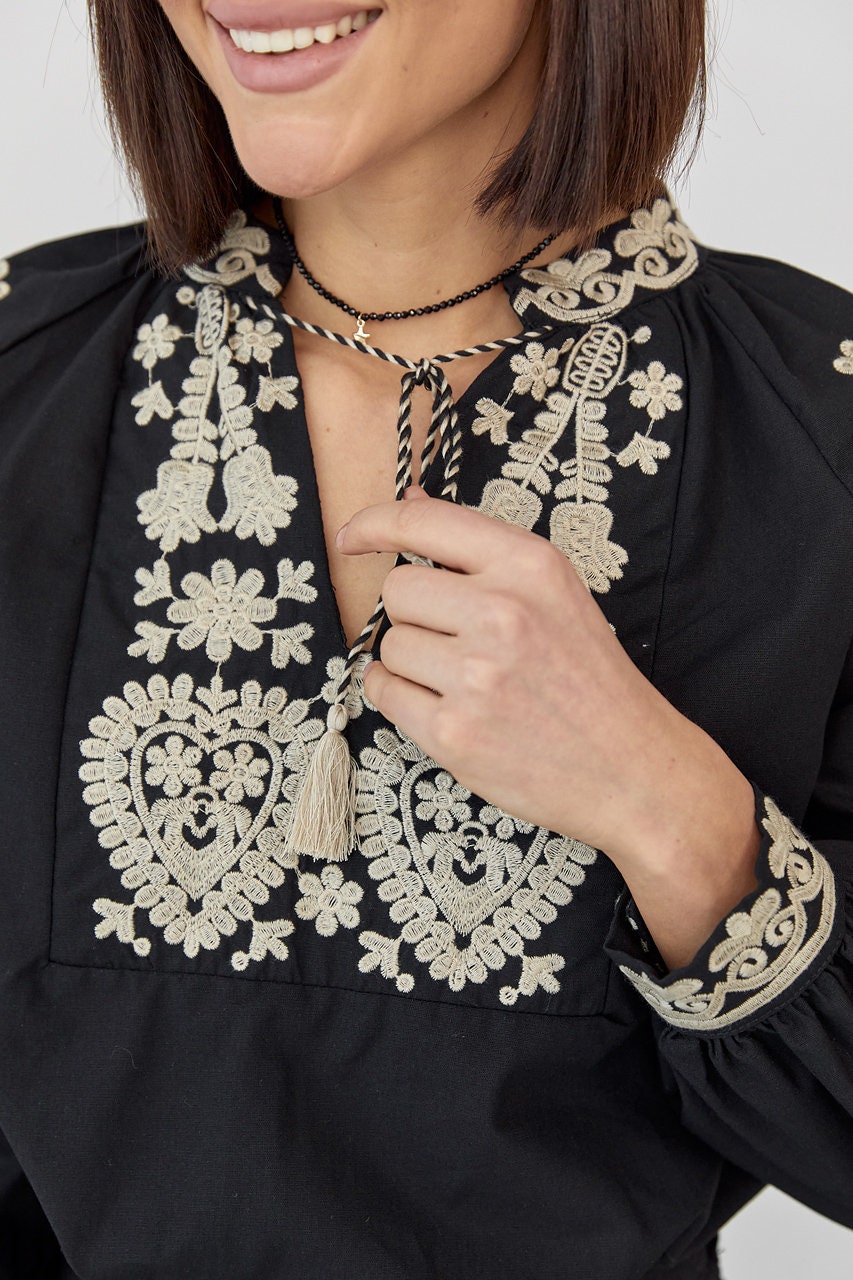 Elegant Black Bohemian Blouse with Gold Oriental Embroidery