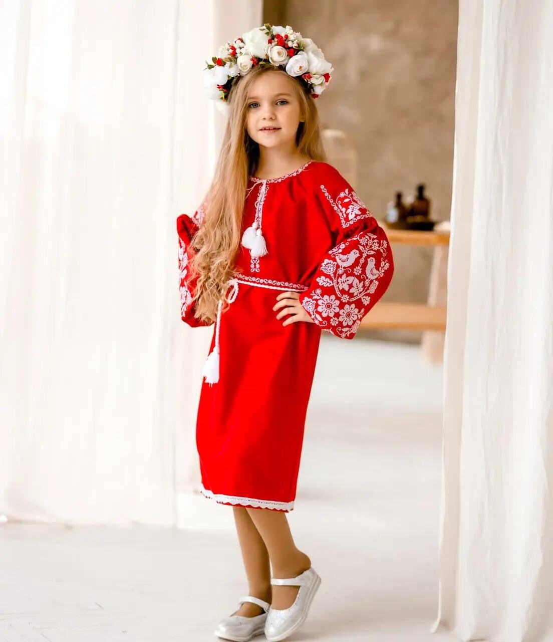 Beautiful Red Ukrainian Dress for Girls With Floral Embroidery