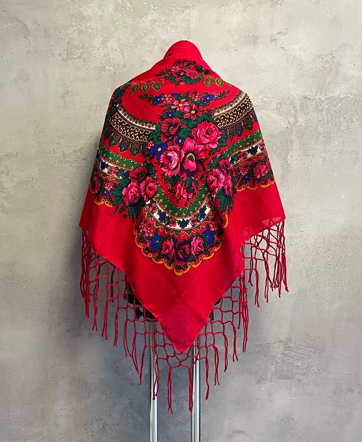 Large Classic Red Ukrainian Floral Slavic Shawl with Tassels