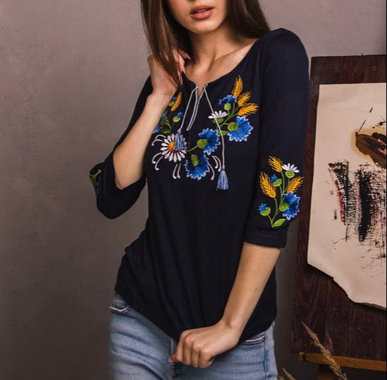 Romantic Blue Ukrainian Vyshyvanka Blouse with Blue Floral Embroidery