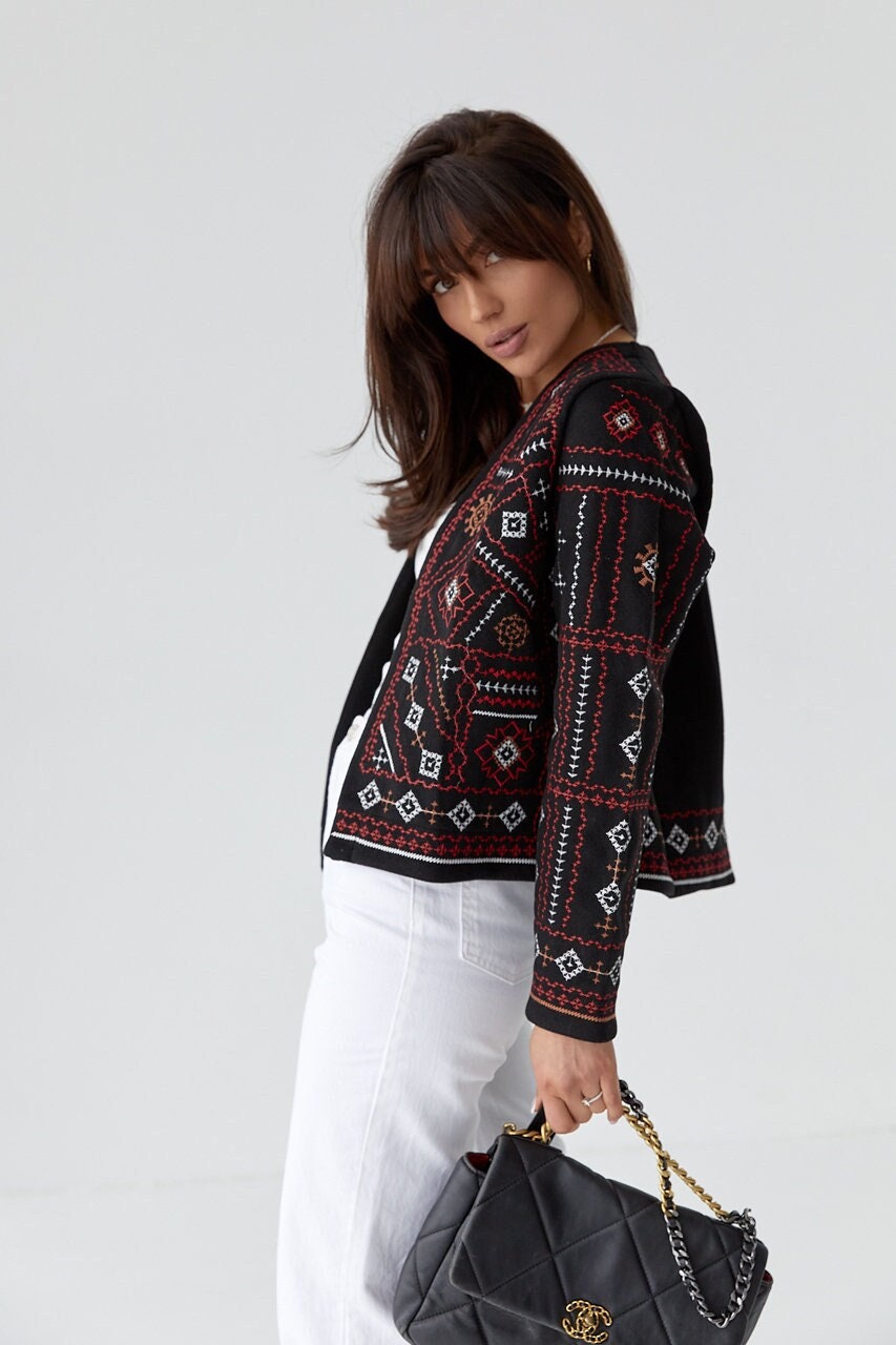 Boho Folk-Inspired Cropped Blazer with Red & White Geometric Stitching