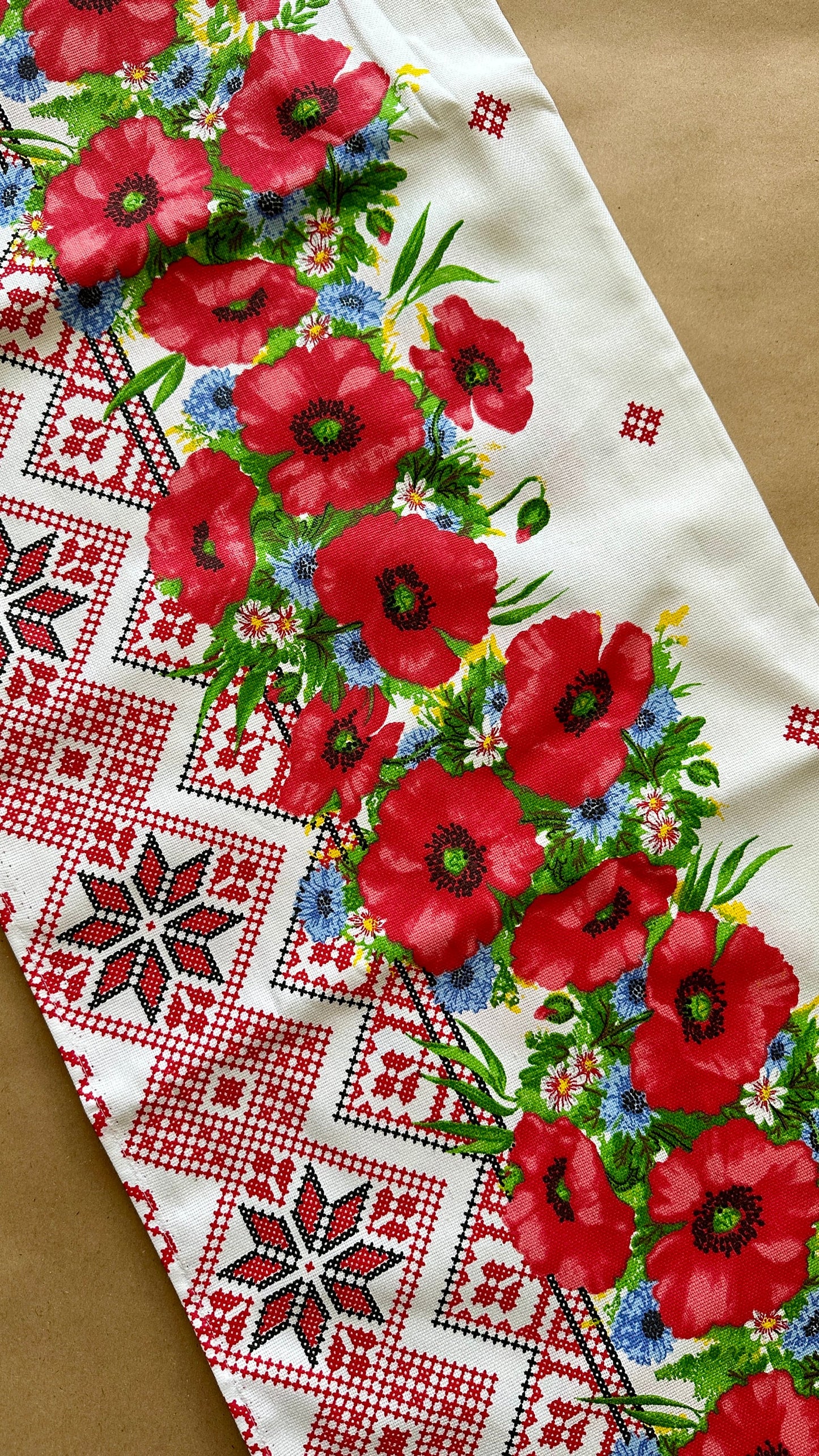 Large Red Ukrainian Tablecloth with Poppy Seed Flower Print