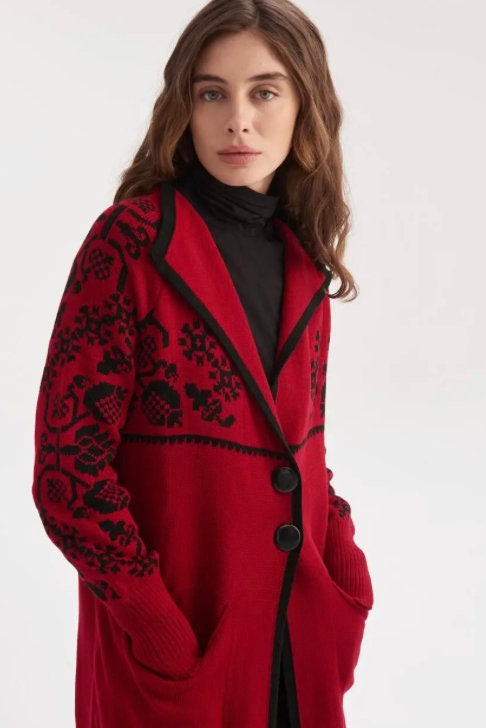 Warm Red Cardigan Coat Cozy Elegance with Embroidered Floral Charm