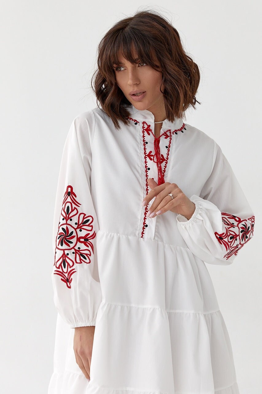 Striking White Boho Summer Boho Dress with Red Embroidery