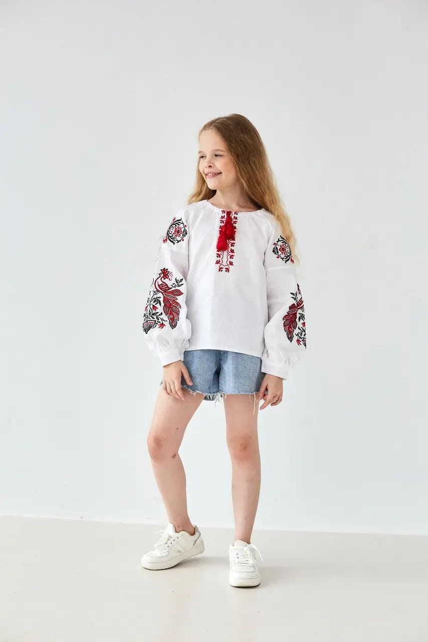 Amazing White Ukrainian Cotton Phoenix Embroidered Ukrainian Blouse for Girls