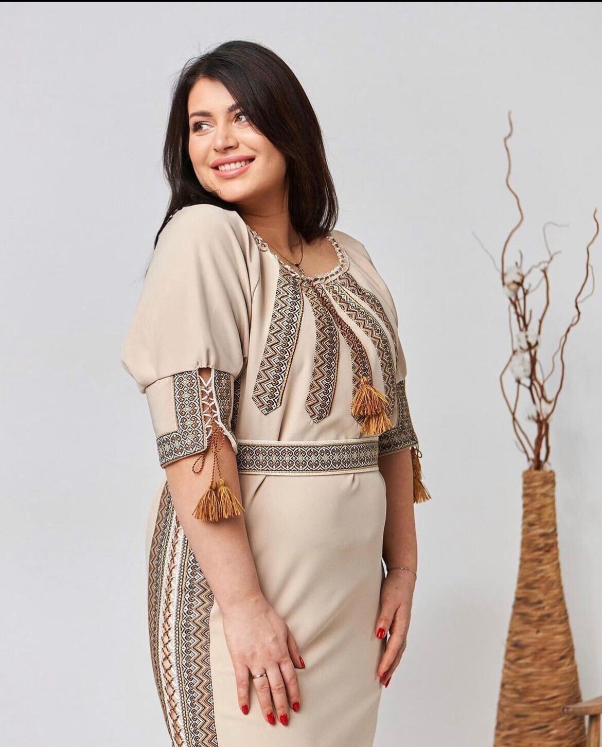 XXS-6XL Traditional Ukrainian Beige Vyshyvanka Dress for Women