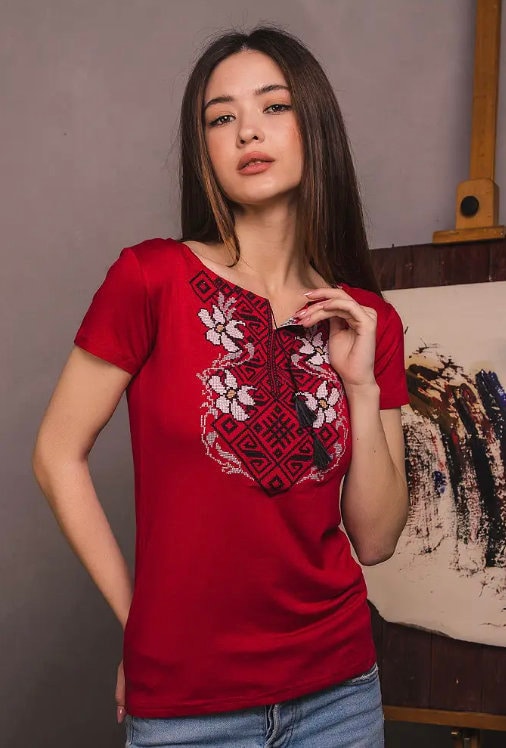 S-3XL Red Ukrainian Embroidered T-Shirt with Geometric Motif & Floral Accents