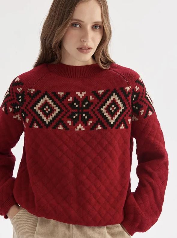 Festive Red Ukrainian Sweater with Folk-Inspired Geometric Embroidery