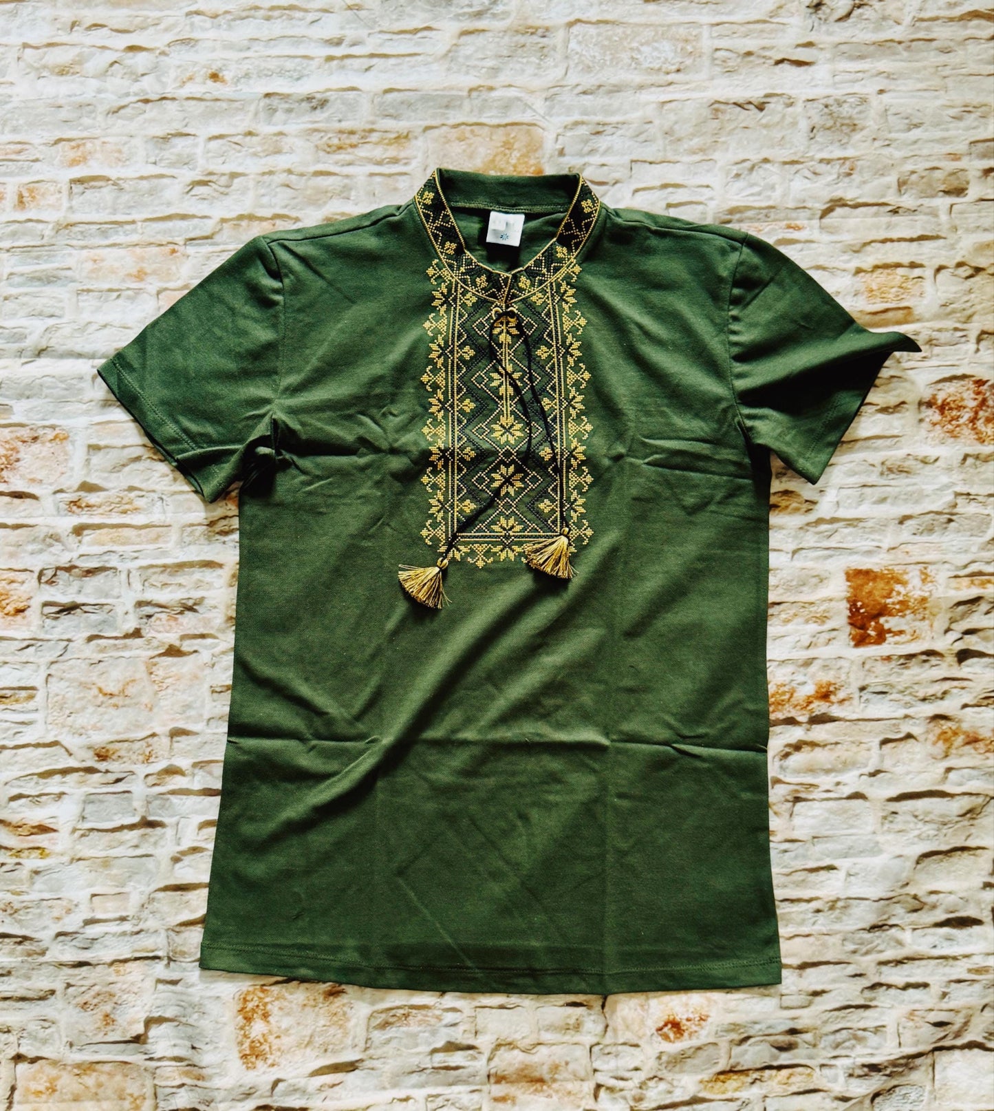 S-3XL Modern Ukrainian T-shirt with Green Embroidery Men's Vyshyvanka