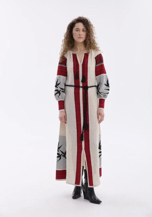 XS-4XL Chic Long Knitted Linen Ukrainian Dress With Lastivky Brirds Pattern