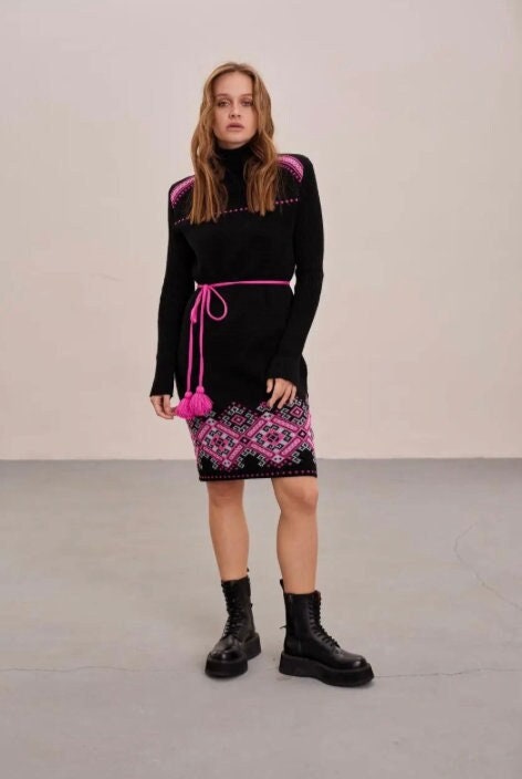 Black Knit Pencil Dress with Pink Floral Embroidery – Warm Winter Oversized Sweater Dress with Belt