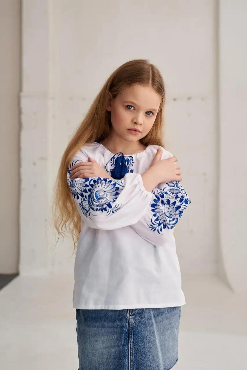 Elegant Modern Cotton Ukrainian Blouse for Girls with Floral Embroidery Motif