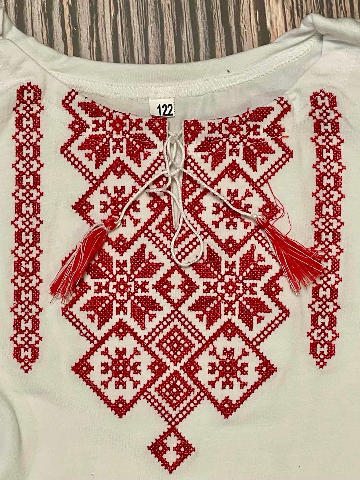 2-12YO Modern White Ukrainian T-Shirt for Girls with Red Embroidery