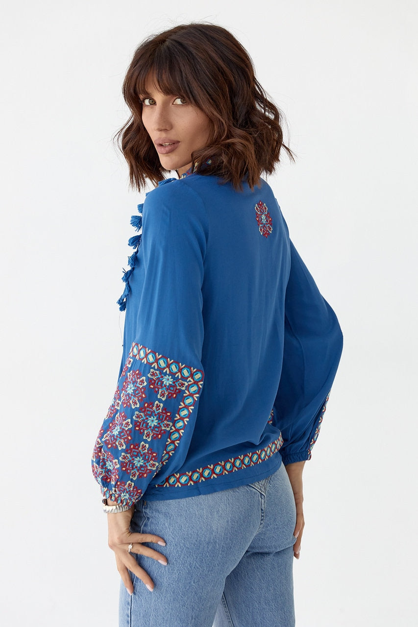 Folk Nouveau Blue Embroidered Ukrainian Resourt Vacation Blouse