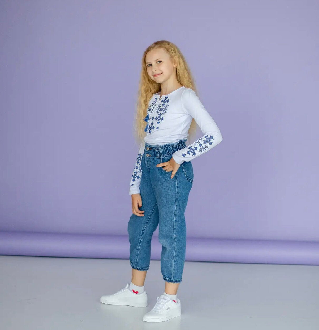 Ukrainian Cotton Vyshyvanka Blouse for Girls with Geometric Embroidery