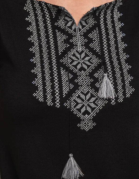 S-3XL Black Ukrainian Embroidered T-Shirt with Grey Geometric Pattern & Tassels