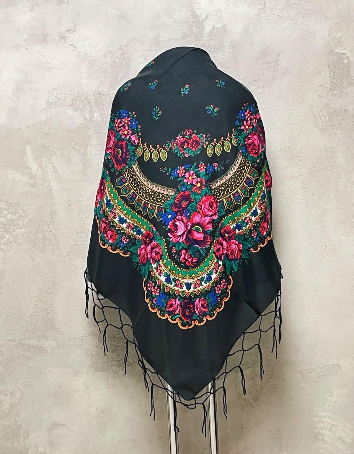 Large Black Floral Shawl with Tassels Babushka Scarf from Ukraine