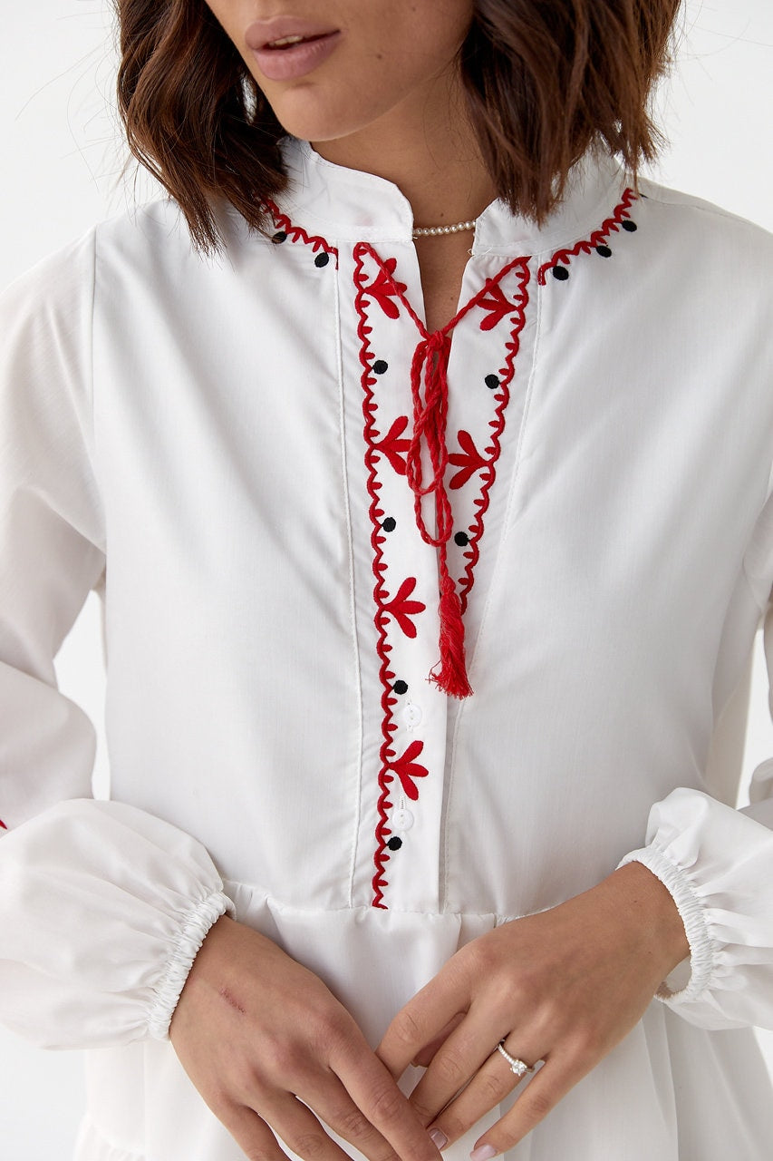 Striking White Boho Summer Boho Dress with Red Embroidery