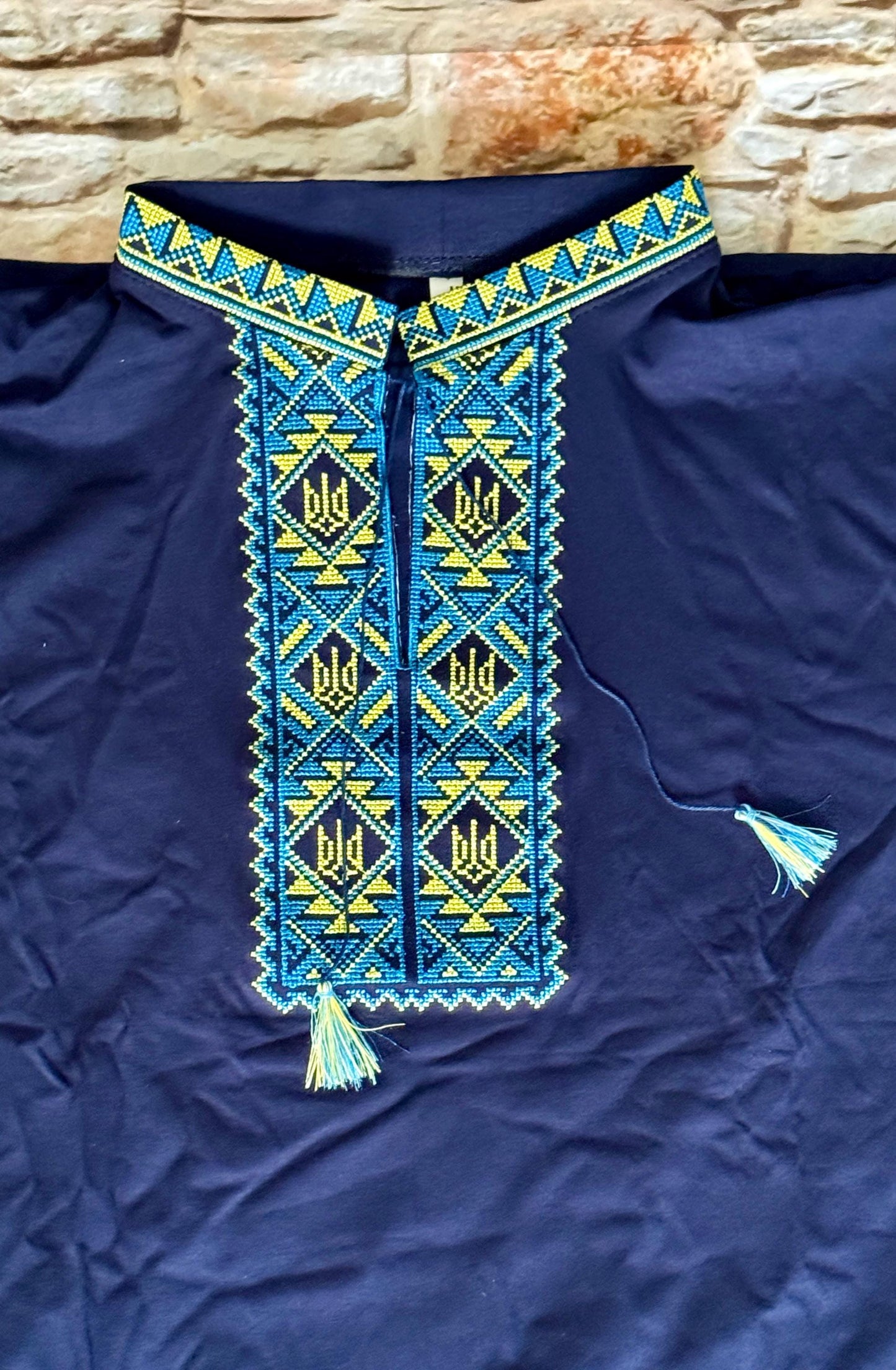 1-13YO Ukrainian Blue Vyshyvanka T-Shirt for Boys with Tryzub Embroidery