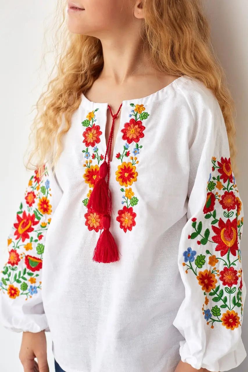 2-12YO Modern Folk Ukrainian Vyshyvanka Blouse for Girls with Floral Embroidery