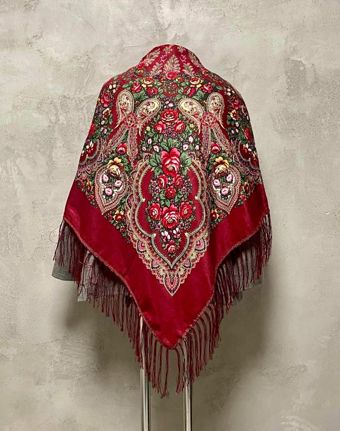 Red Floral Folk Ukrainian Scarf with Tassles and Large Flowers