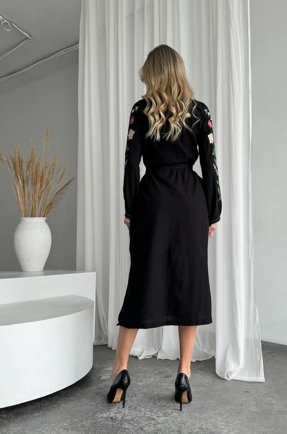 Radiant Black Summer Boho Resort Dress with Floral Embroidery
