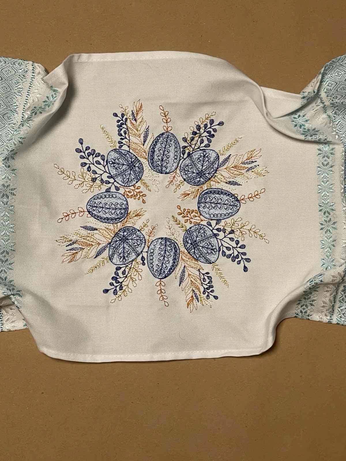 Blue Ukrainian Embroidered Easter Basket Cover featuring Easter eggs