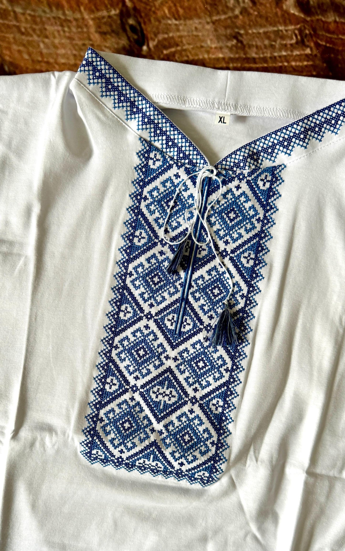 White Embroidered Ukrainian T-Shirt for Men with Blue Embroidery