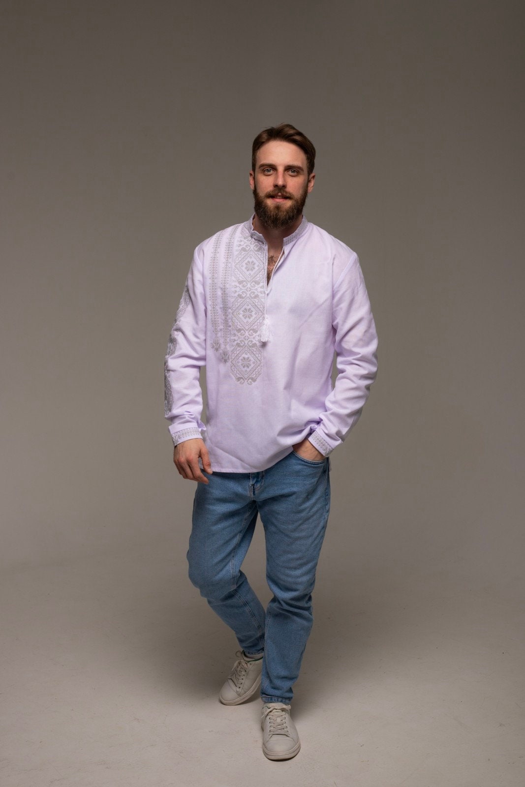 XS-5XL Men's White Embriodered Sorochka Shirt with Embroidery Vyshyvanka for Men