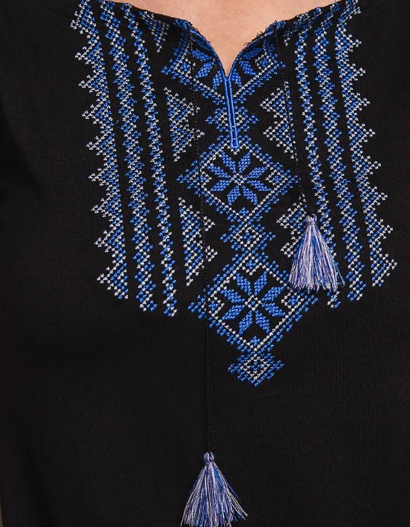 S-3XL Black Boho Ukrainian Embroidered T-Shirt with White Geometric Pattern & Tassels