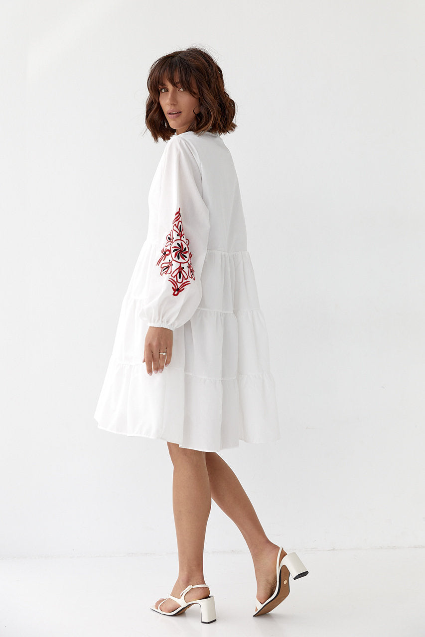 Striking White Boho Summer Boho Dress with Red Embroidery