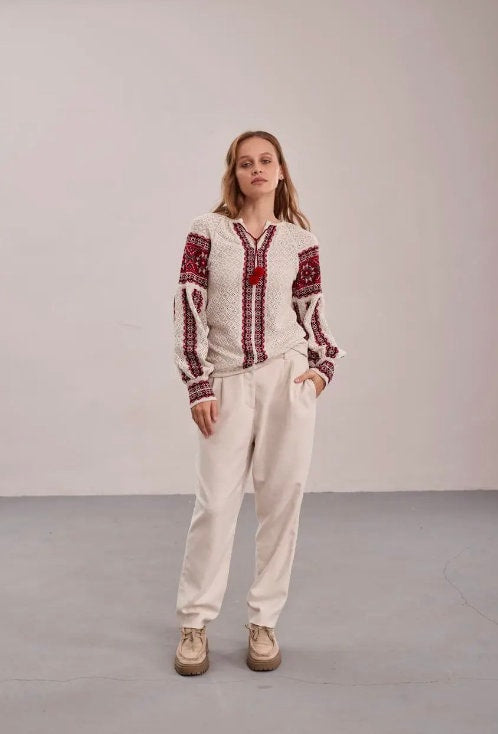 S-4XL Modern Knitted Ukrainian Blouse – Effortless Elegance Crochet Top with Red Embroidery