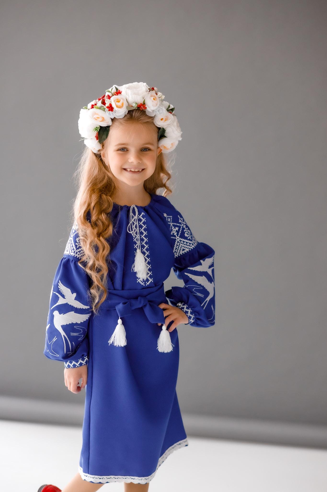 Beautiful Blue Ukrainian Vyshyvanka Dress in Patriotic Color for Girls