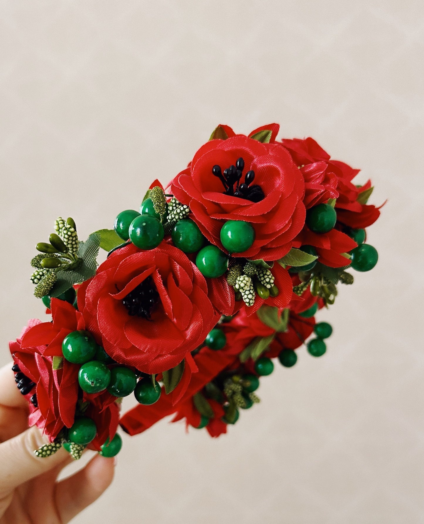Fantasy Handmade Ukrainian Floral Crown Red Flowers Green Berries