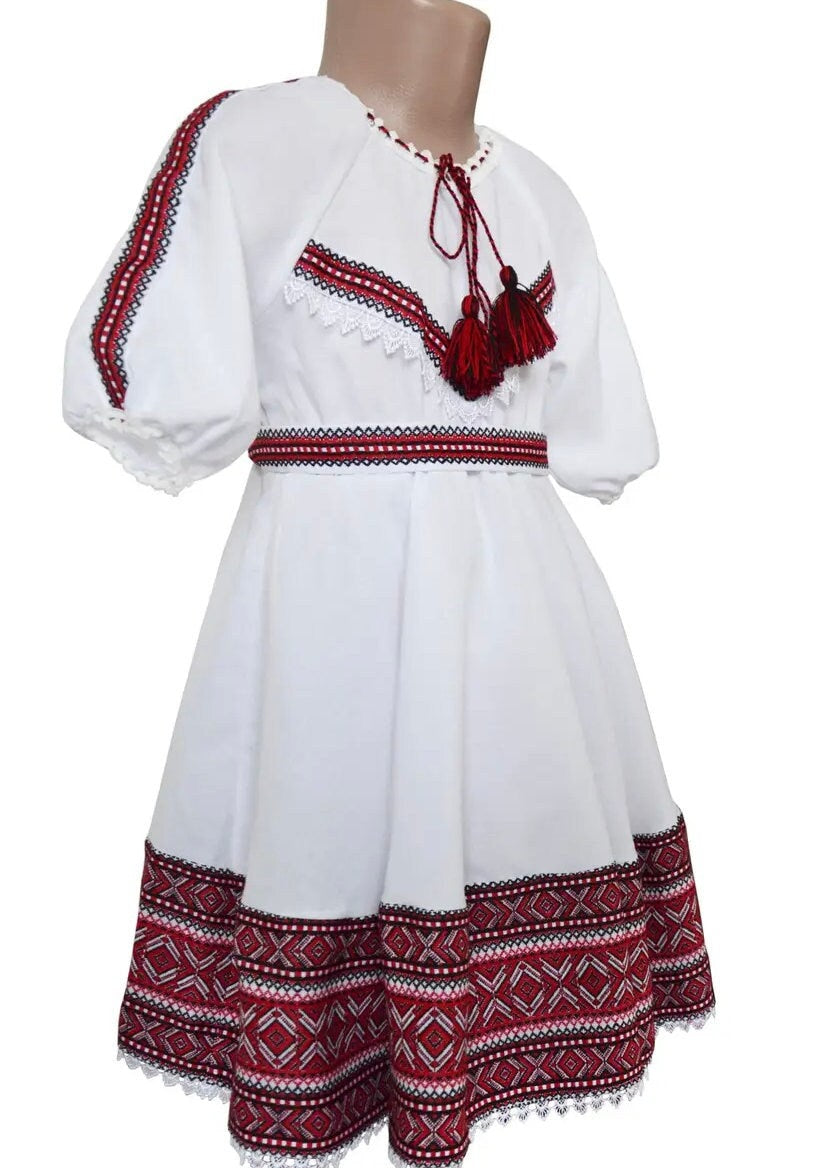 Traditional Ukrainian Short-Sleeve Embroidered Sumer Dress for Girls with Tulle Underskirt
