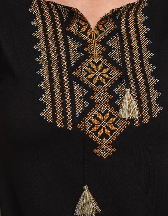 S-3XL Black Vyshyvanka T-Shirt with Caramel and Wheat-Tone Geometric Embroidery
