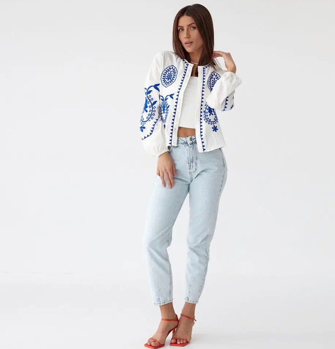 Bohemian Style Embroidered Cape Blouse Crop Top with Blue Embroidery