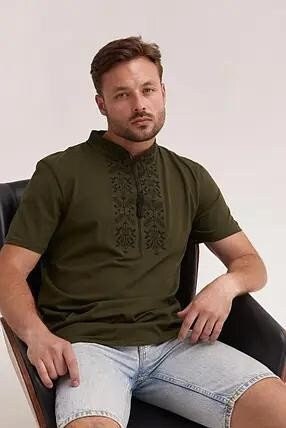 Khaki Green Ukrainian T-Shirt for Men with Tryzub Embroidery