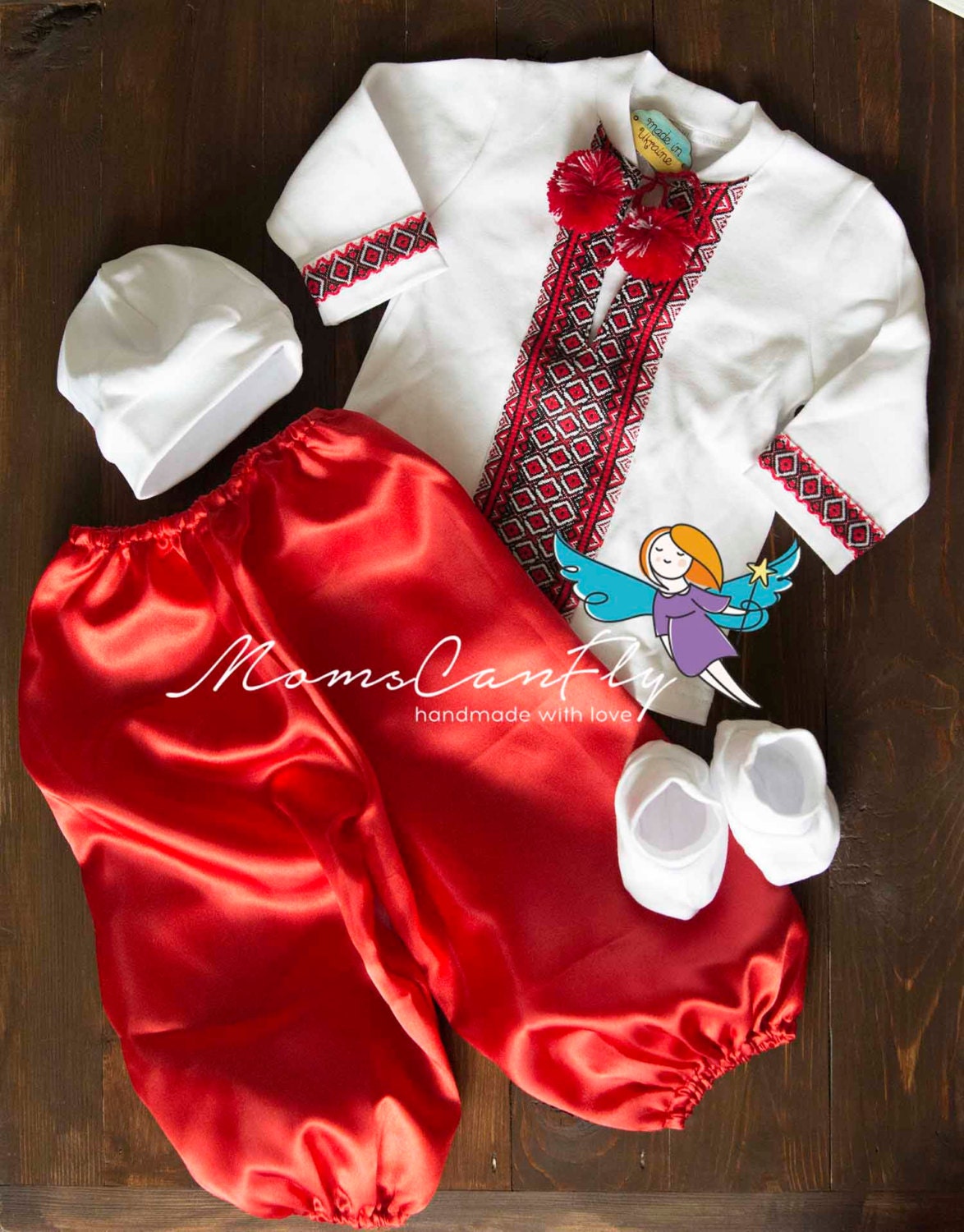 Adorable Little Red Baby Cossack Costume with Sharovary β Vyshyvanka Baptism Set