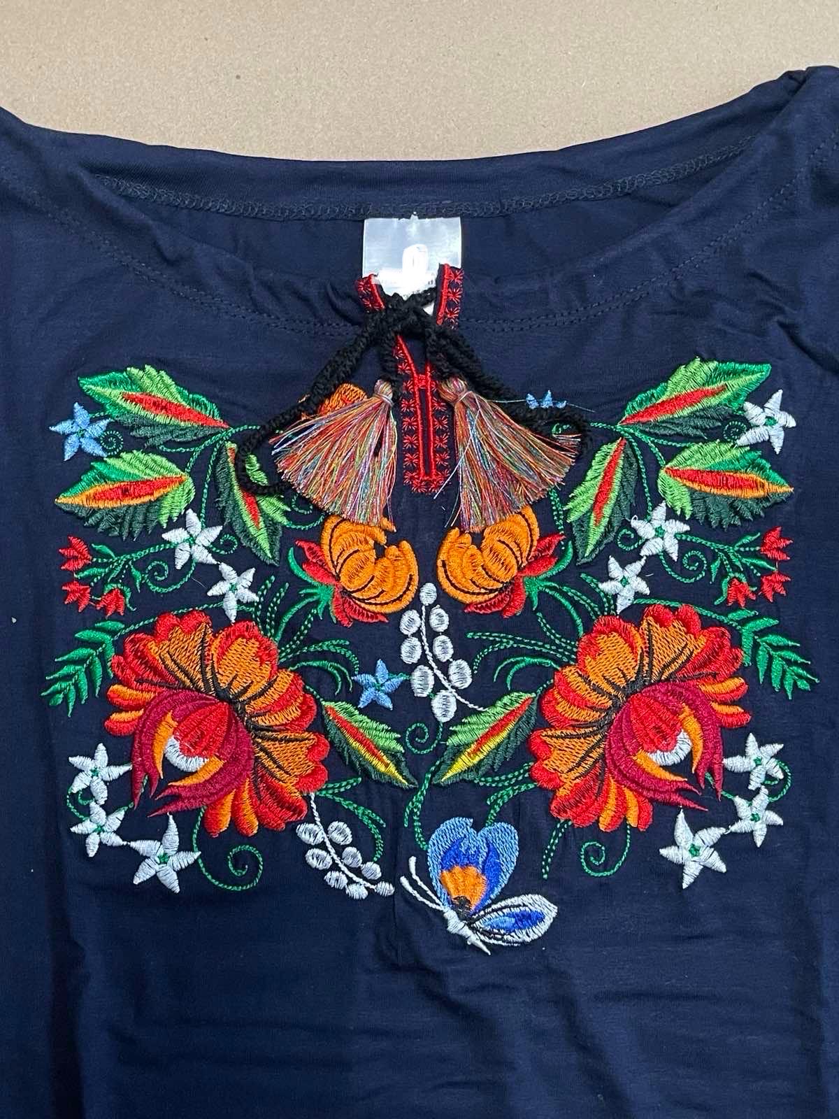 Boho Navy Ukrainian Blouse with Fiery Floral Embroidery
