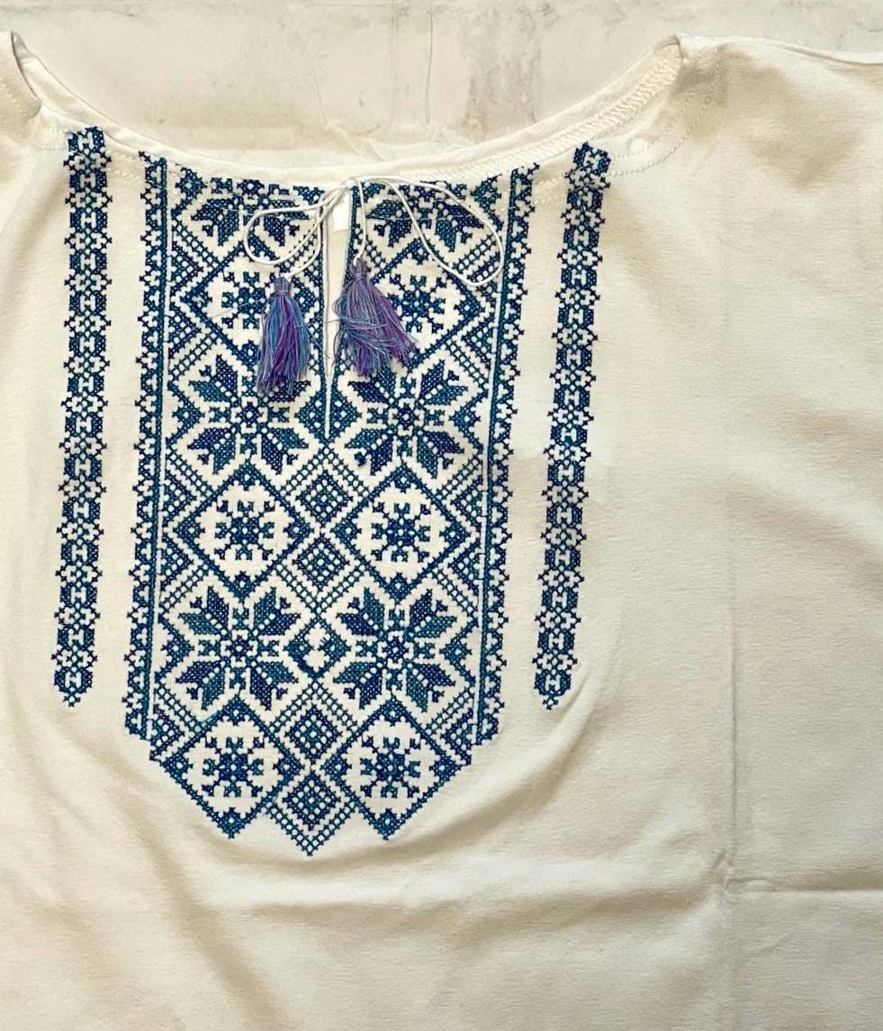 S-3XL White Vyshyvanka T-Shirt with Deep Blue Geometric Embroidery