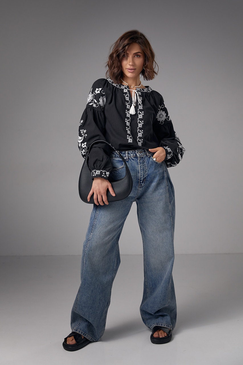 S-2XL Bohemian Style Black Embroidered Blouse for Women