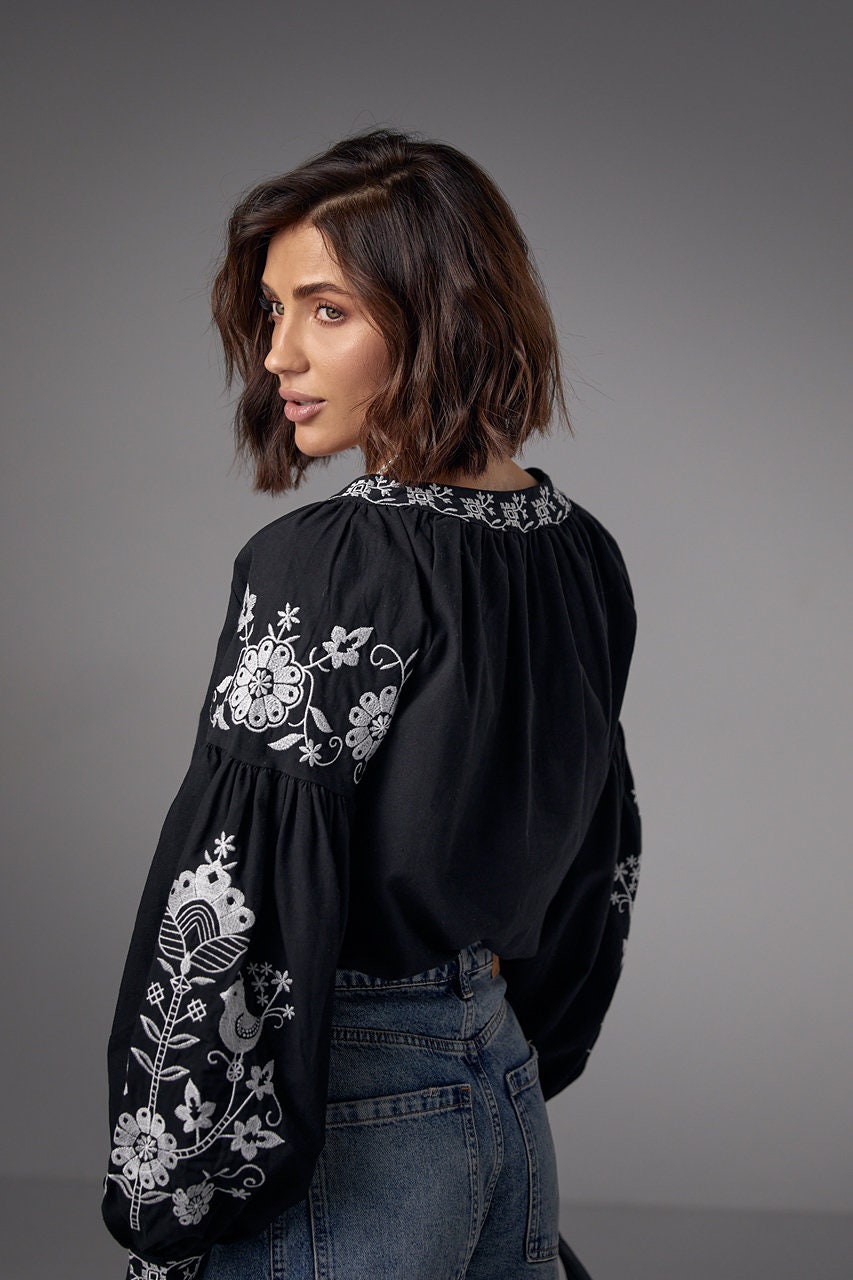 S-2XL Bohemian Style Black Embroidered Blouse for Women