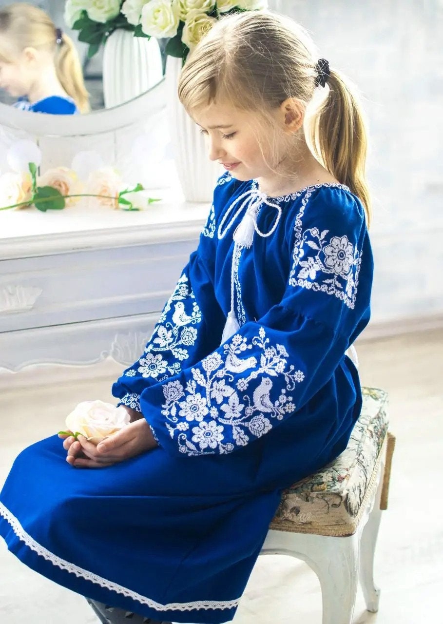 Beautiful Blue Vyshyvanka Ukrainian Dress for Girls With Floral Embroidery