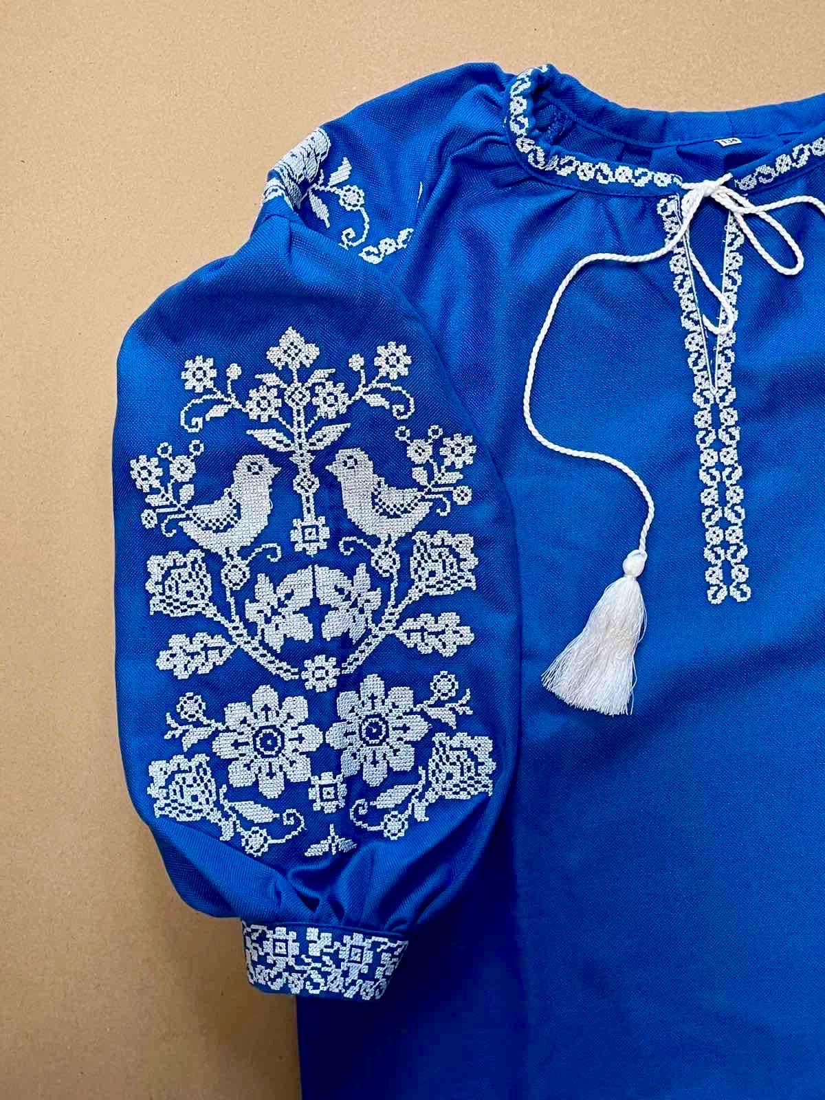 Beautiful Blue Vyshyvanka Ukrainian Dress for Girls With Floral Embroidery