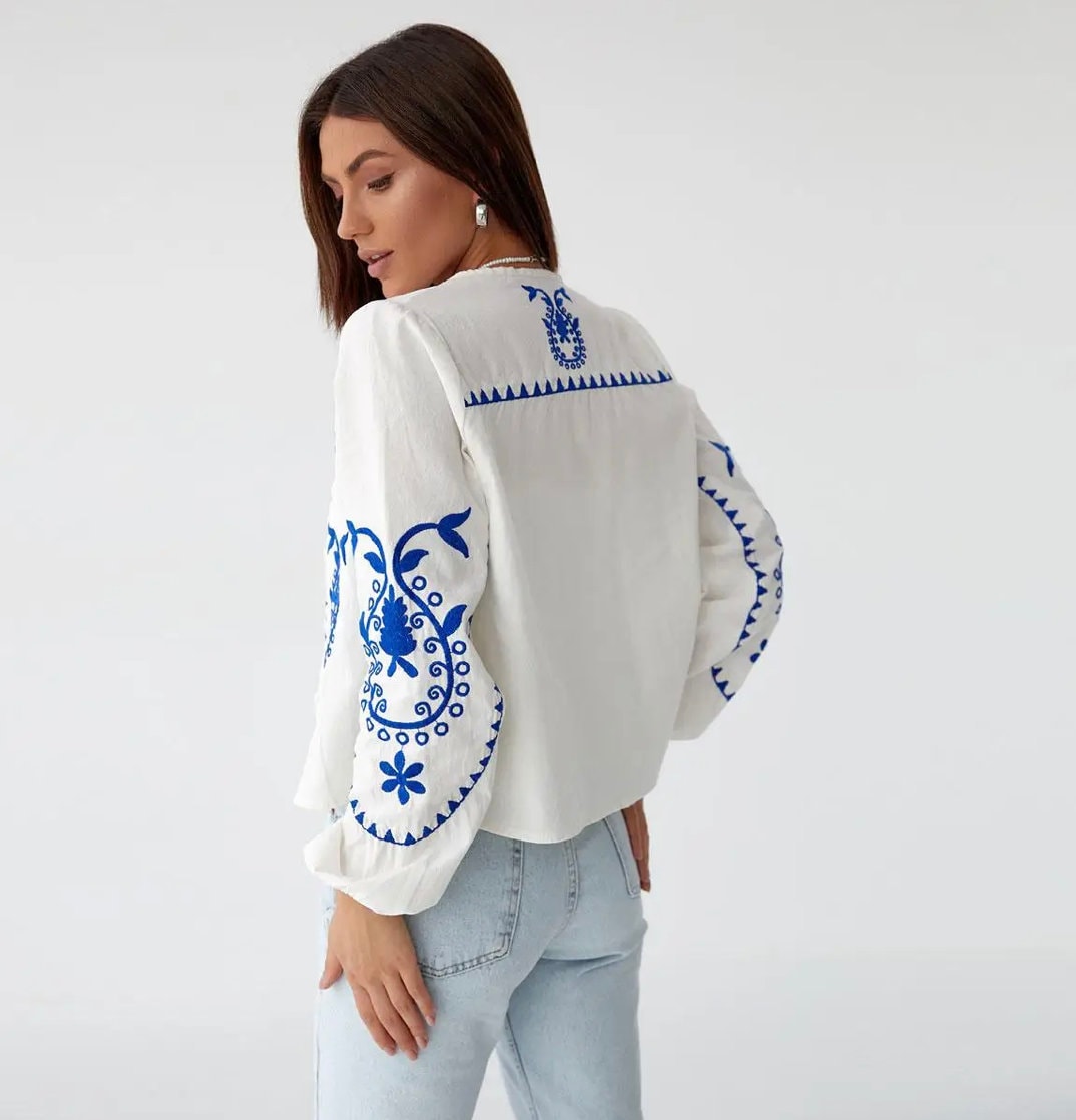 Bohemian Style Embroidered Cape Blouse Crop Top with Blue Embroidery