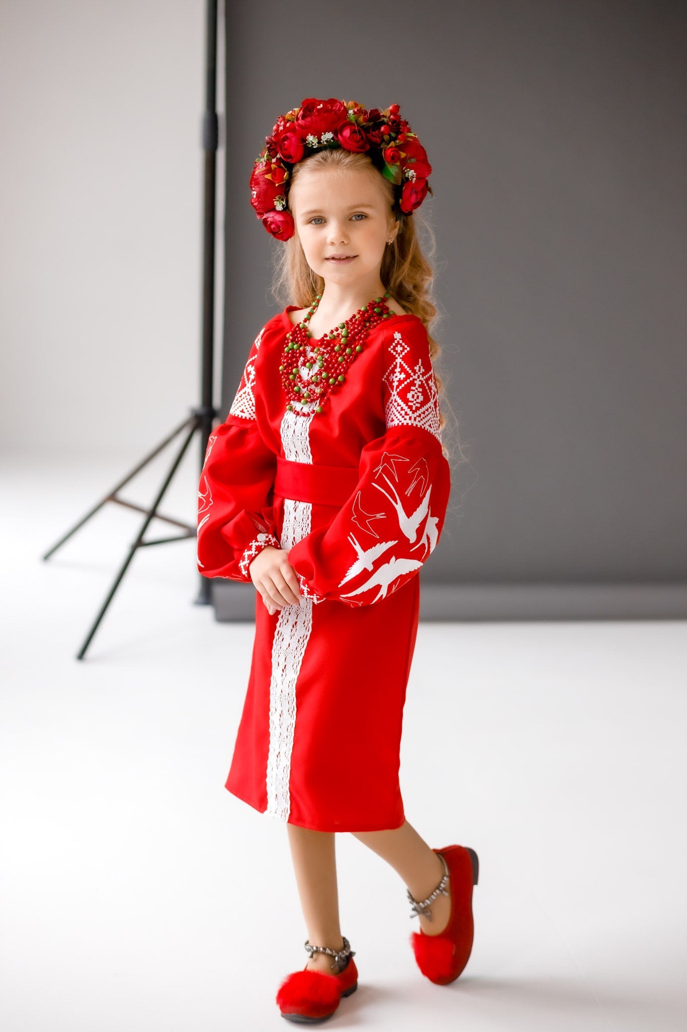 Beautiful Ukrainian Embroidered Dress for Girls with Lastivky Crochet Inserts and Belt