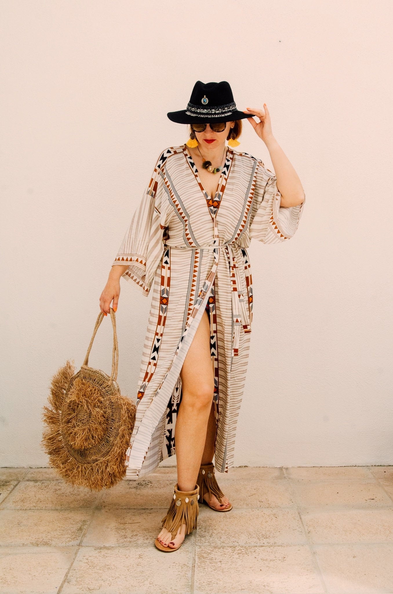 Elegant Oversize Summer Robe Inspired by Native American Prints Beach Cover-Up for Women