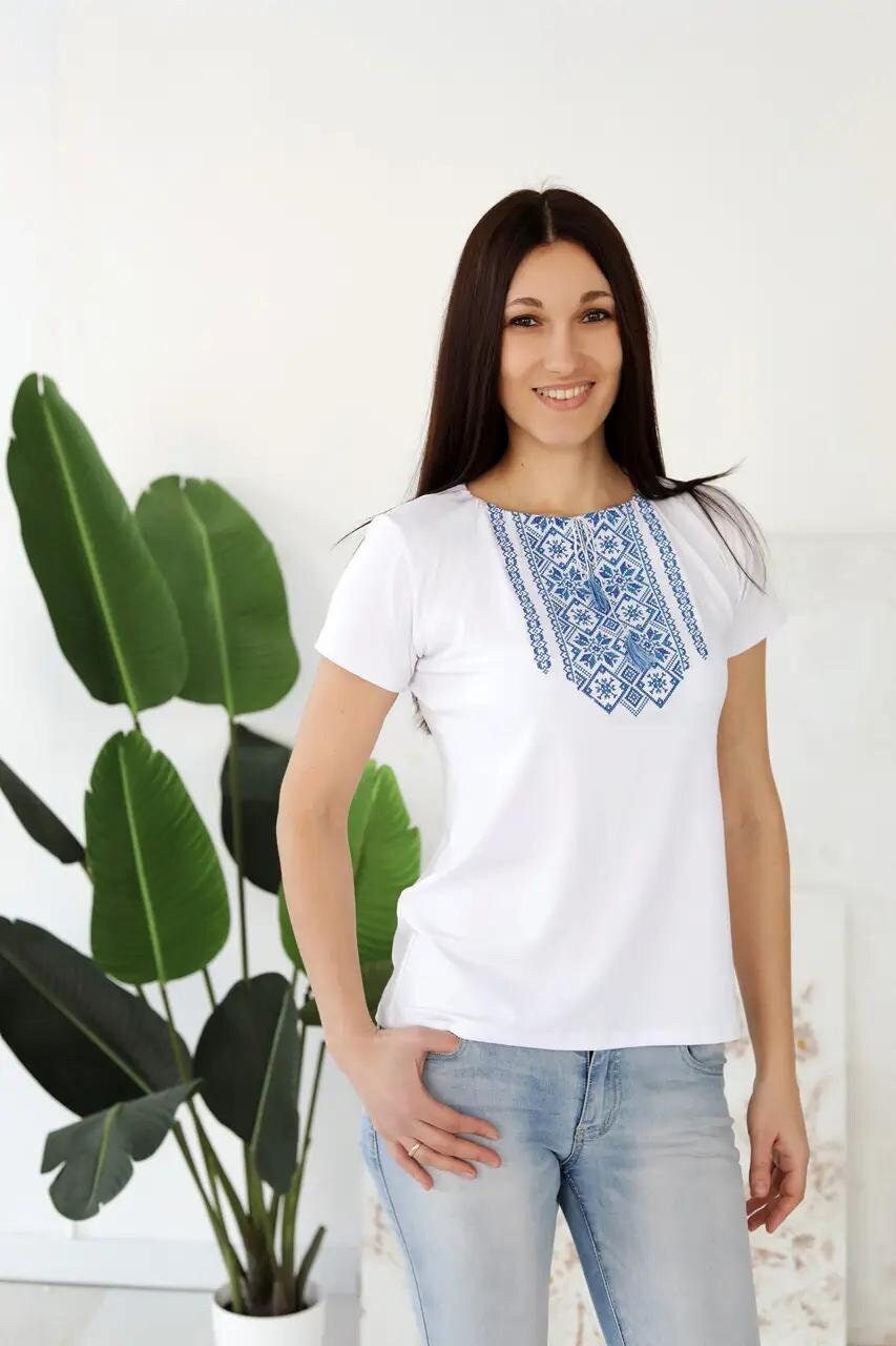 S-3XL White Vyshyvanka T-Shirt with Deep Blue Geometric Embroidery